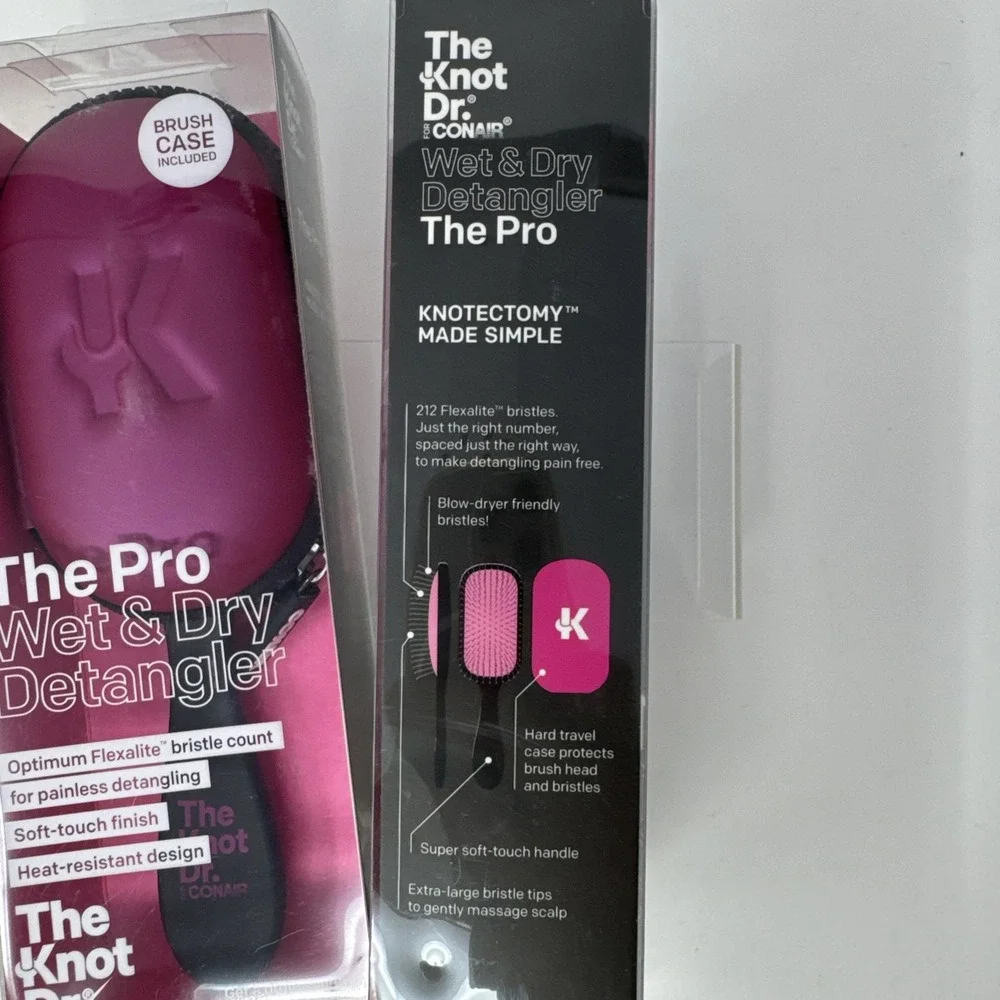 2 Pack Conair Wet Dry Hair Detangler Brush Knot Doctor Pink Case Heat Resistant